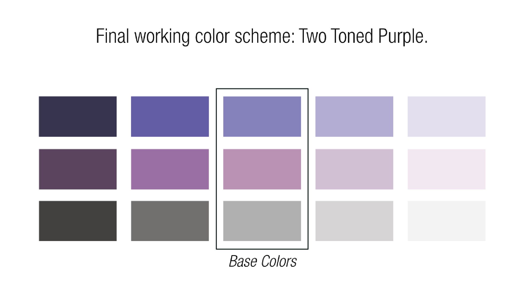 Screenshot from my working document. The final working two-toned purple color scheme.