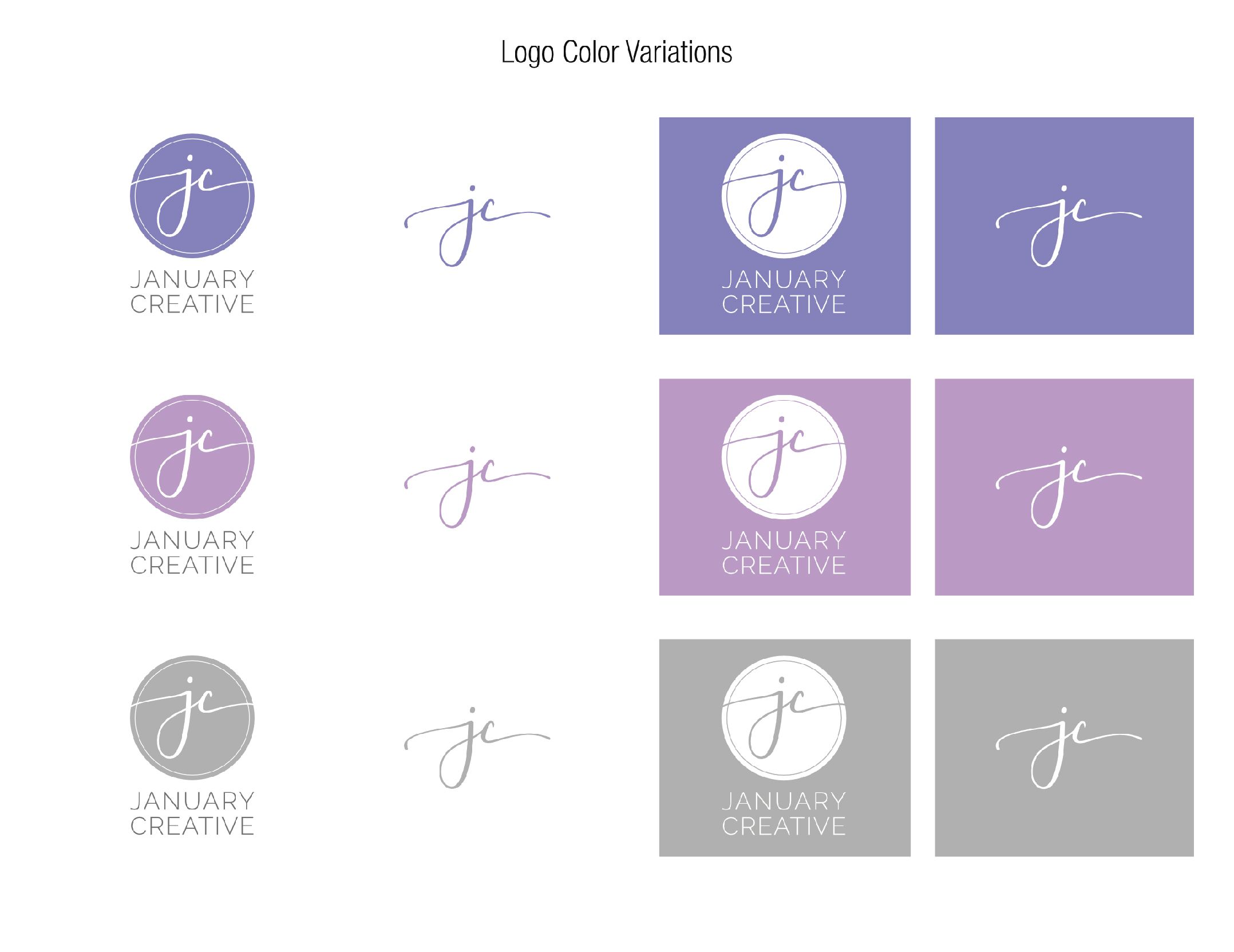Screenshot from my working document. Final logo variations and colors for January Creative LLC.