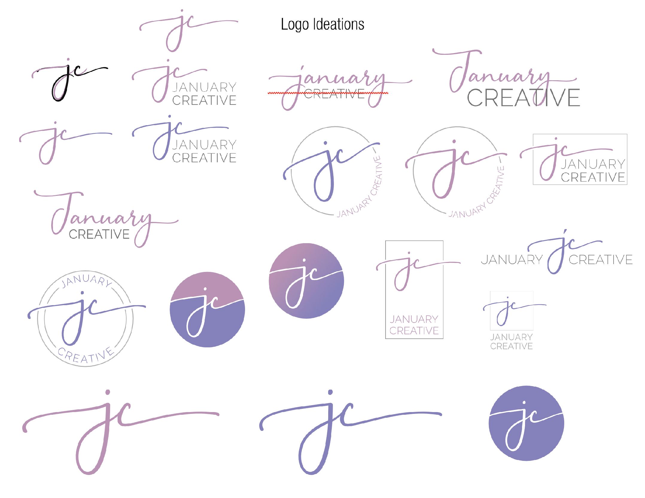 Screenshot from my working document. First initial set of logo design concepts for January Creative LLC. Please note: even though these concepts went unused, January Creative LLC still owns full copyrights of these designs.