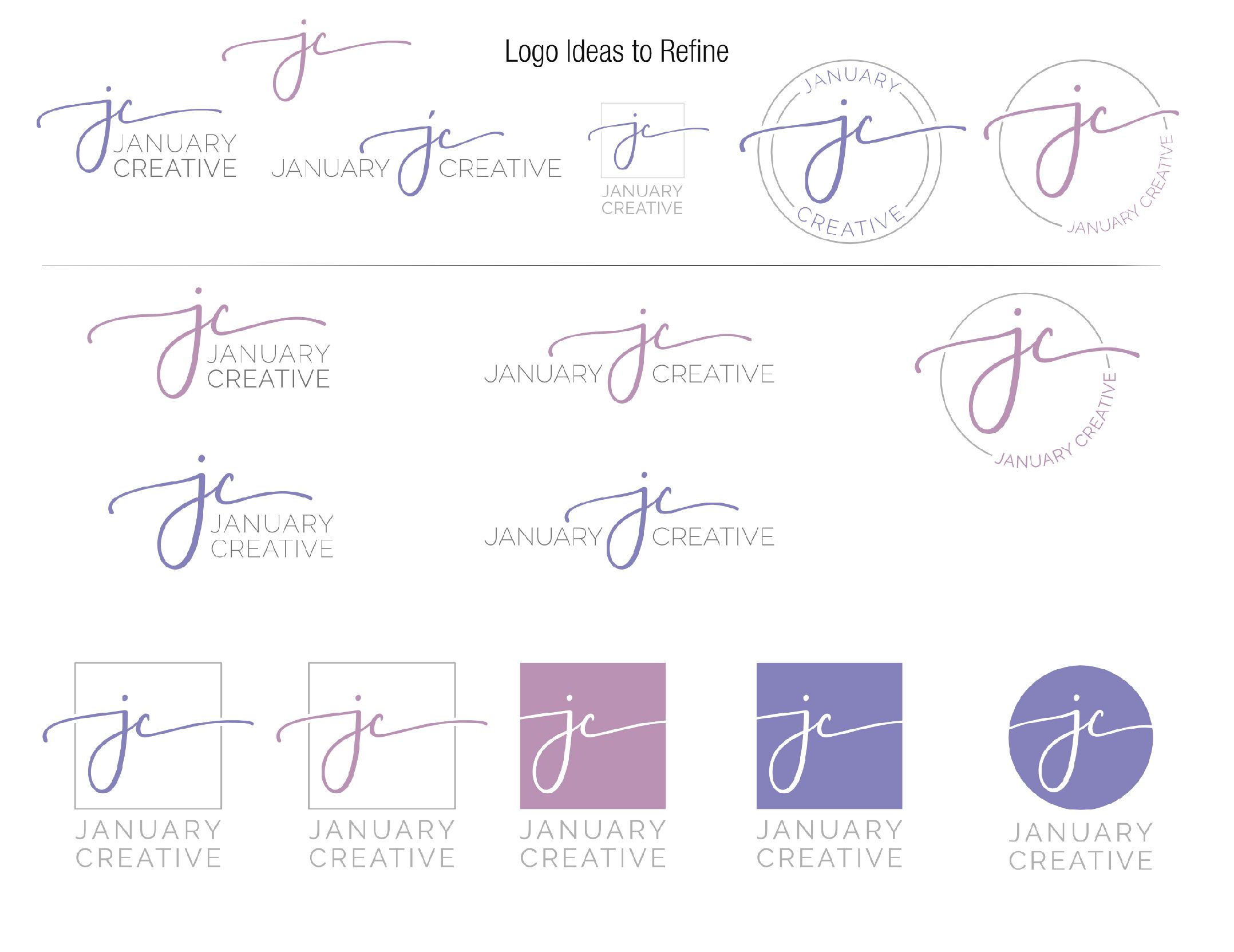 Screenshot from my working document. Another set of logo design concepts for January Creative LLC. Please note: even though these concepts went unused, January Creative LLC still owns full copyrights of these designs.
