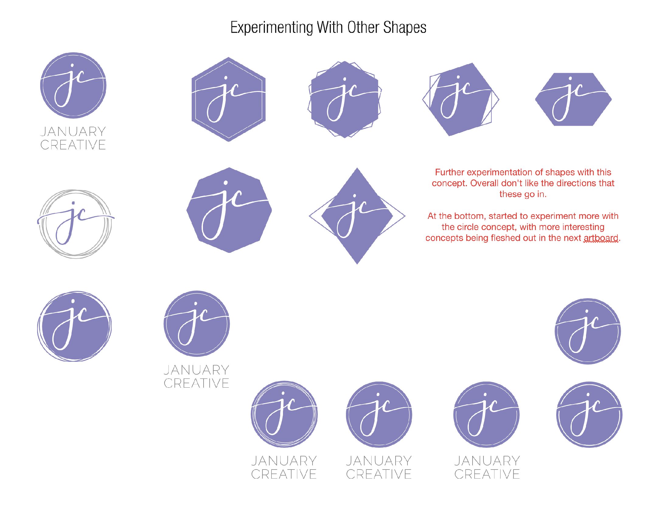 Screenshot from my working document. Experimenting with different shapes for the logo design for January Creative LLC. Please note: even though some of these concepts went unused, January Creative LLC still owns full copyrights of these designs.
