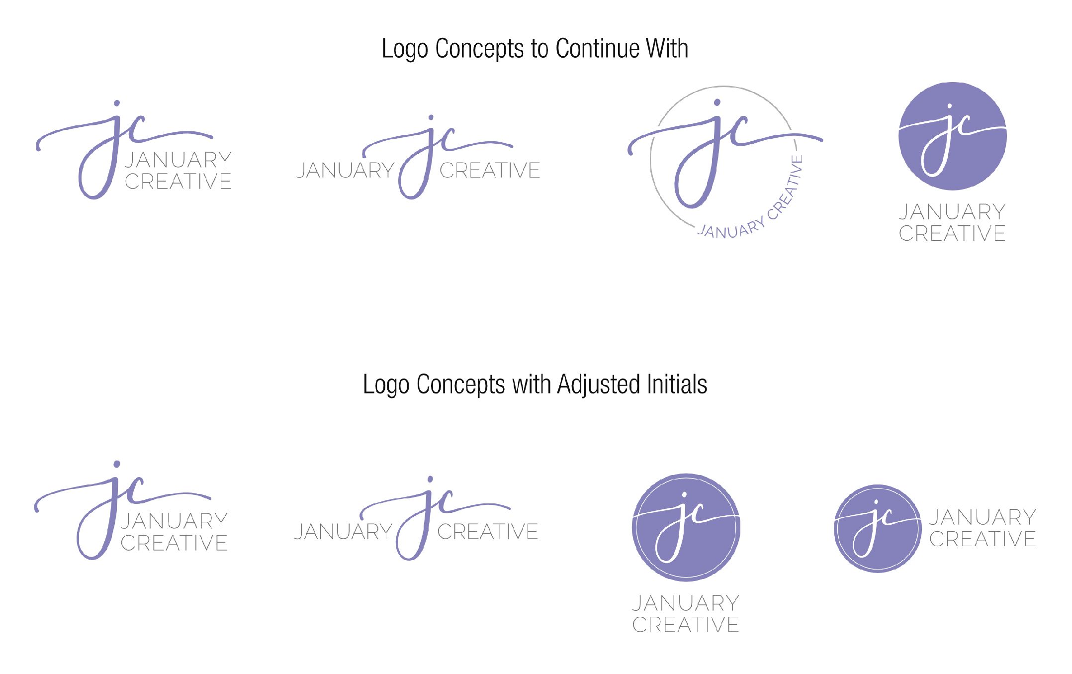 Screenshot from my working document. Working set of logo design concepts for January Creative LLC. Please note: even though some of these concepts went unused, January Creative LLC still owns full copyrights of these designs.