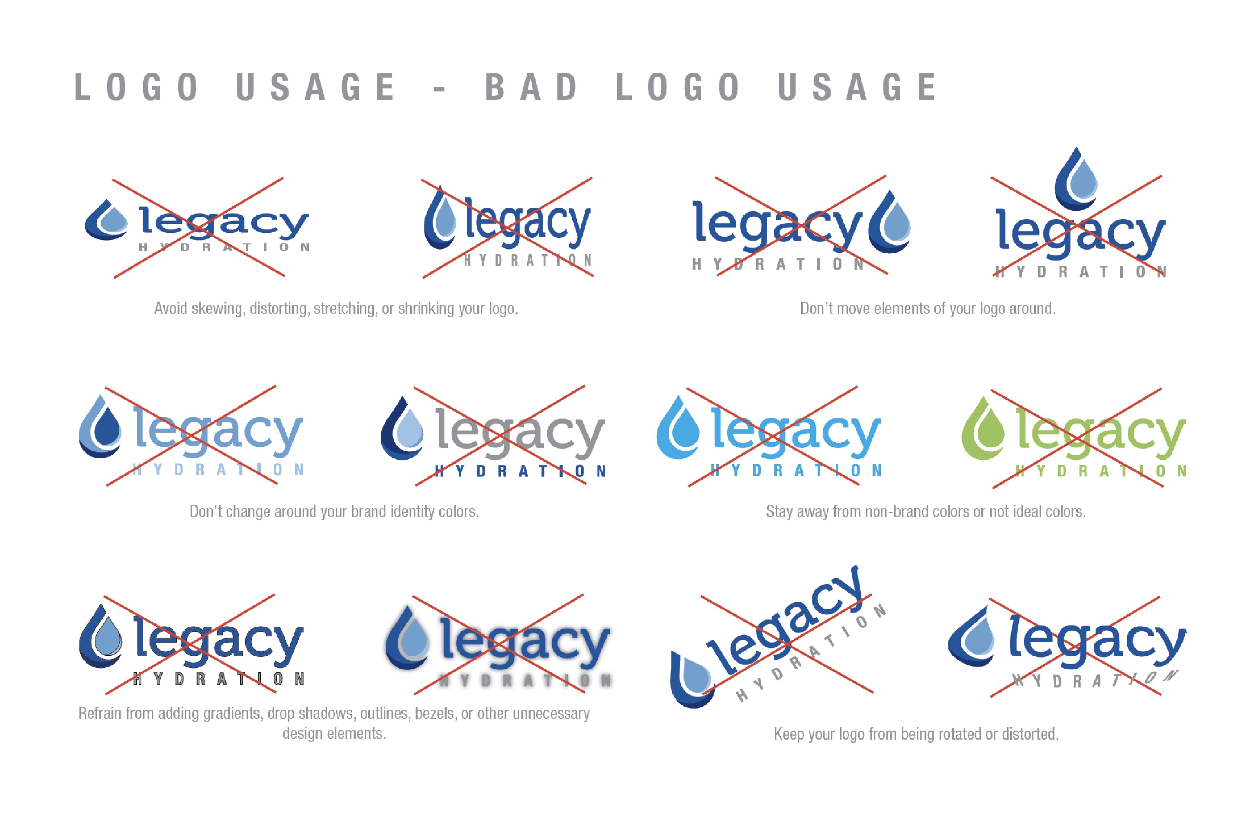 Legacy Hydration and Wellness Group LLC - Brand Identity Style Guide (Logo Usage - Bad Logo Usage)